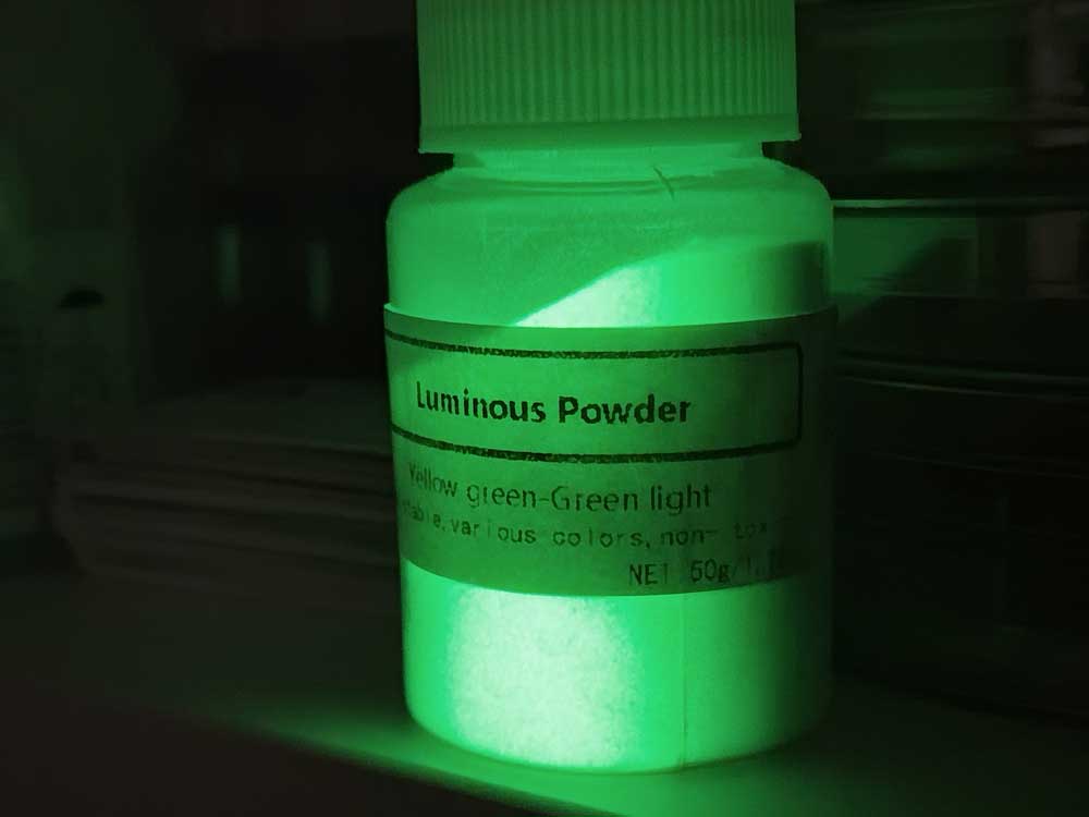 Phosphorescent mineral sample after UV irradiation