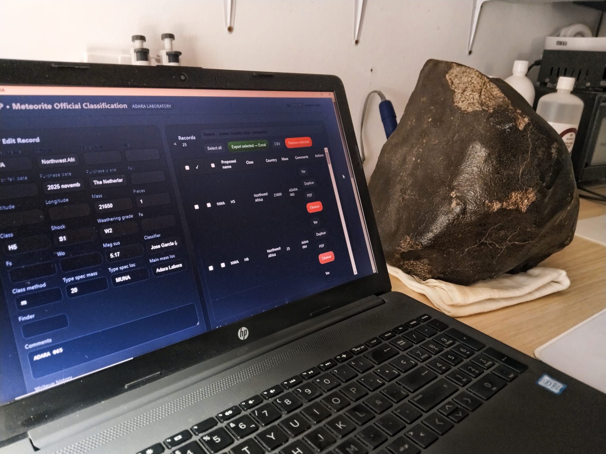 Meteorite classification documentation at the laboratory bench